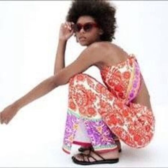 Zara red printed palazzo wide leg high waisted slip on pants size xl - Picture 2 of 13